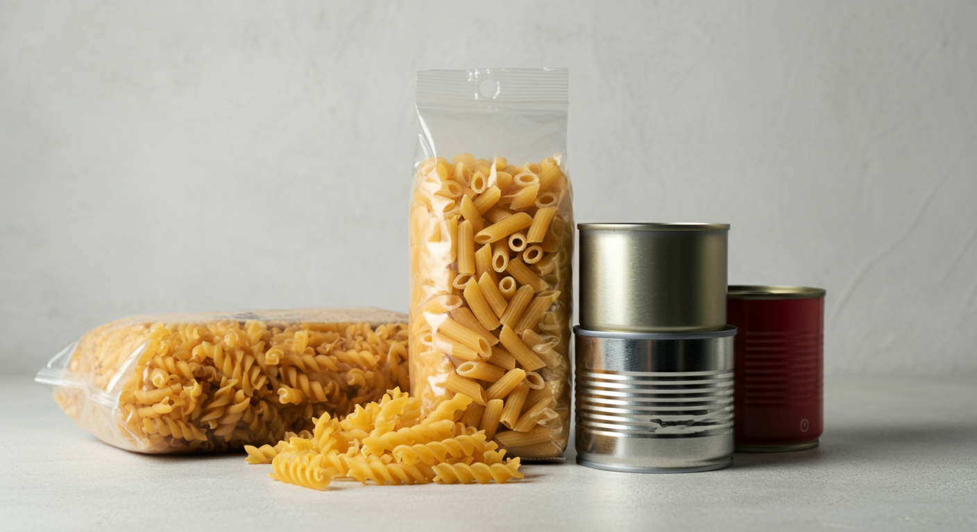 Various types of uncooked pasta, including rotini, rigatoni, and fusilli, in clear plastic packaging and containers on a light-colored surface.