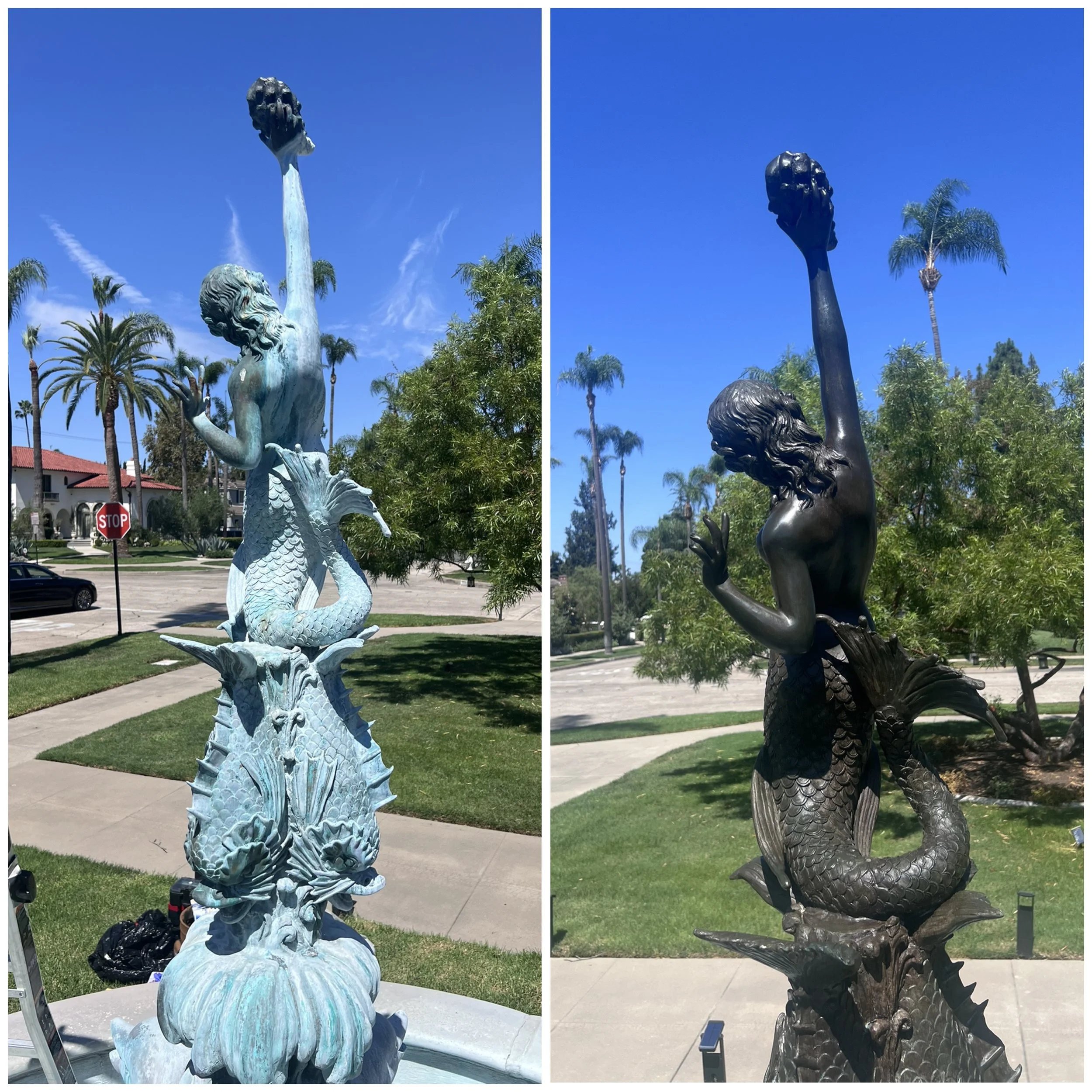 Bronze fountain before and after treatment comparison. Before, the artwork is covered in mineral deposits. After it is clean and waxed.