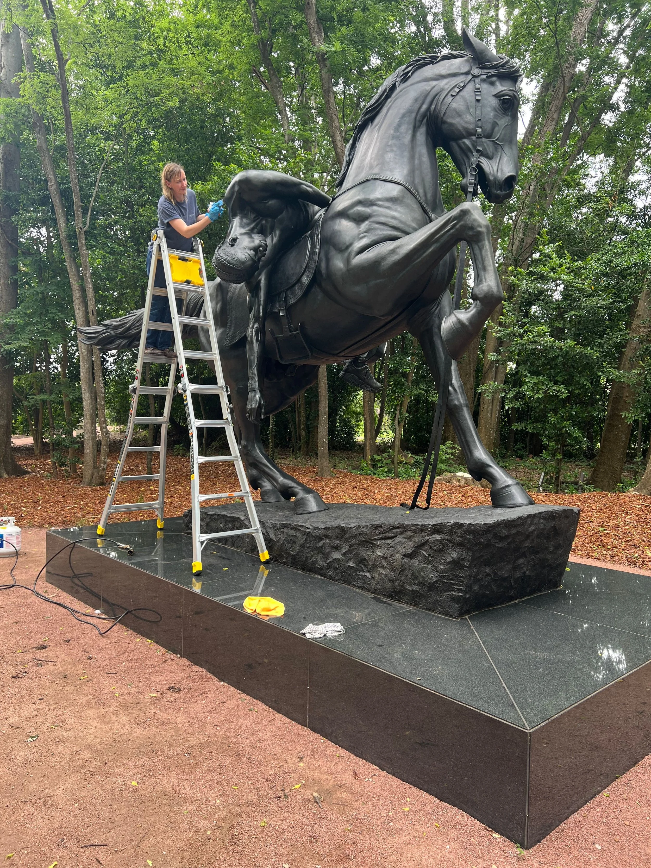 A person on a ladder cleaning or maintaining a large black bronze statue of a rearing horse outdoors, surrounded by trees.