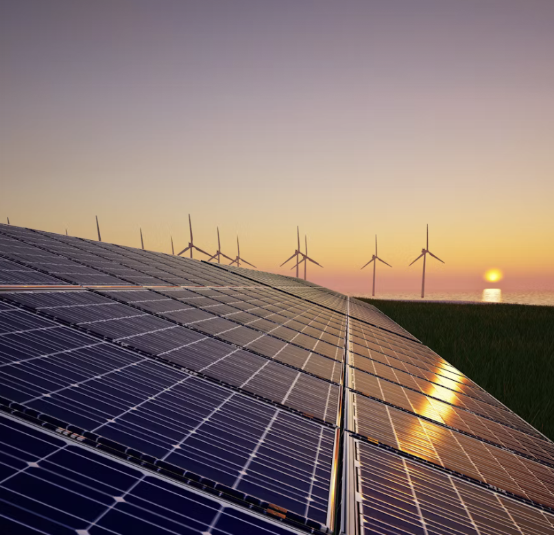 Solar panels in the foreground with wind turbines in the background at sunset.