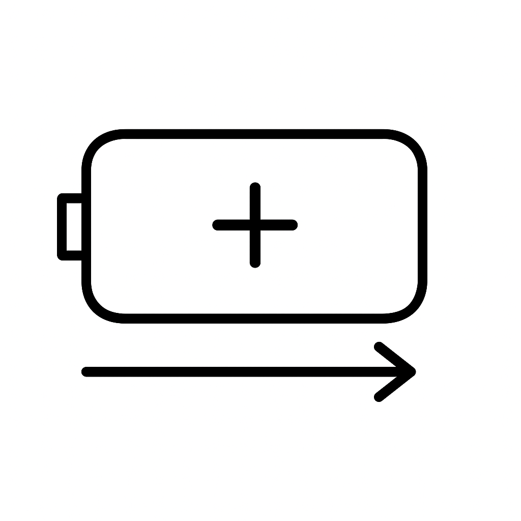 Icon of a battery with a plus sign in the center and an arrow pointing to the right.