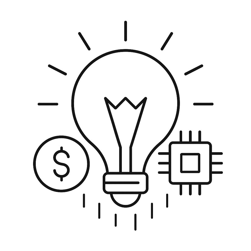 Line drawing of a light bulb, a dollar sign coin, and a microchip, symbolizing ideas, money, and technology.