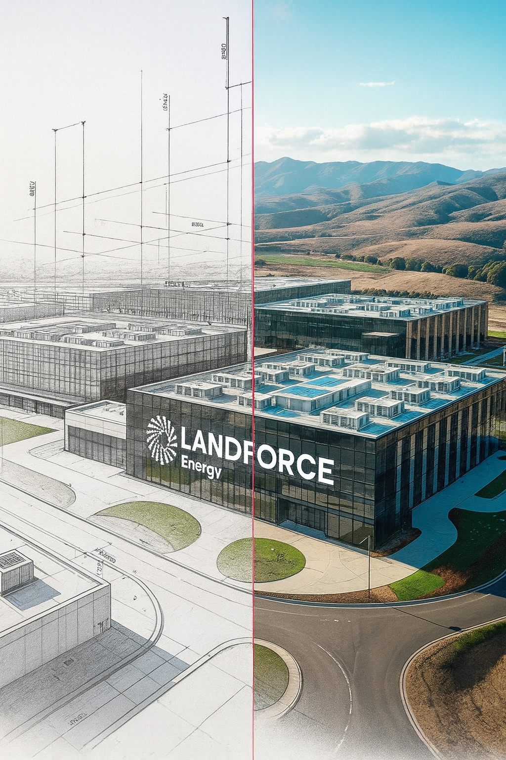 Side-by-side comparison of an architectural rendering and a real photograph of a modern office building with the LANDFORCE Energy logo, landscape background, and clear blue sky.