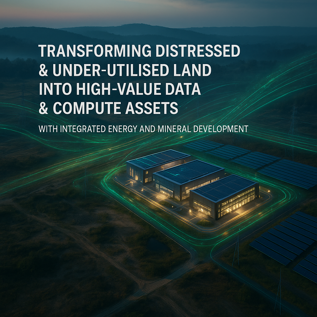 Aerial view of a solar energy and mineral development site at dusk with illuminated buildings, solar panels, and green energy lines overlaying fields and mountains.