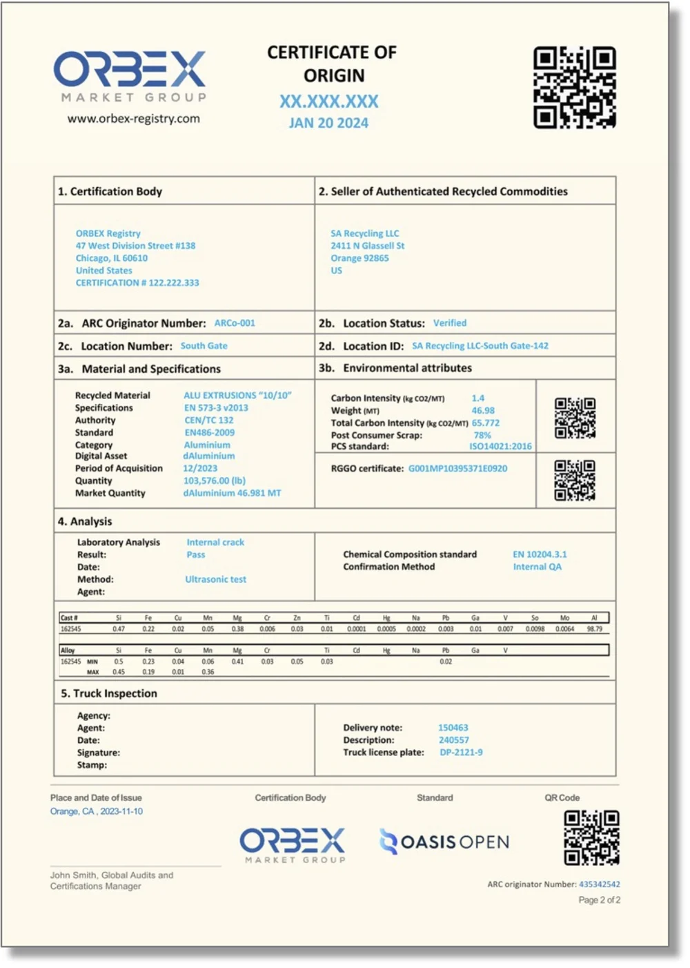 Orbex Certificate of Origin