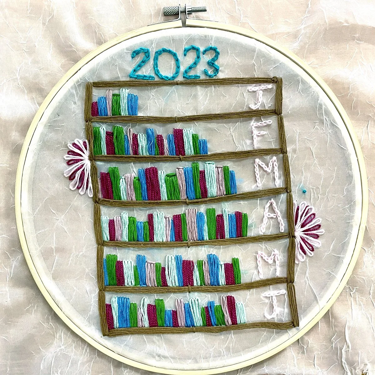 BFA Student Work, Fibers - Embroidered Data Visualization: Number of books read between January-June 2023