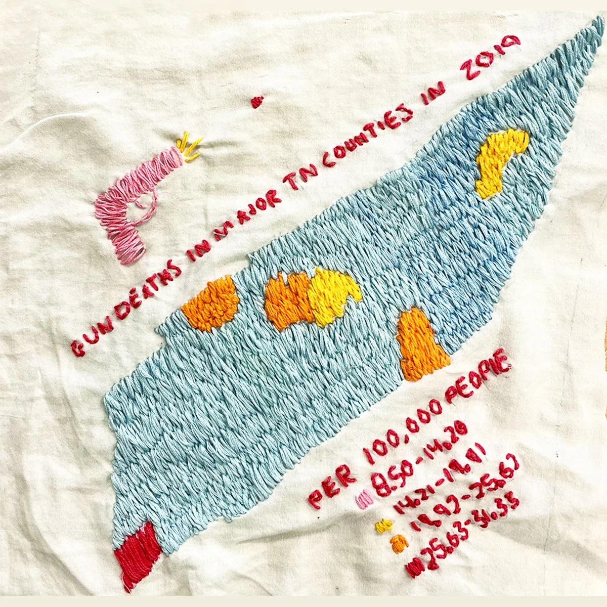 BFA Student Work, Fibers - Embroidered Data Visualization: Gun violence statistics from Tennessee counties (2019)