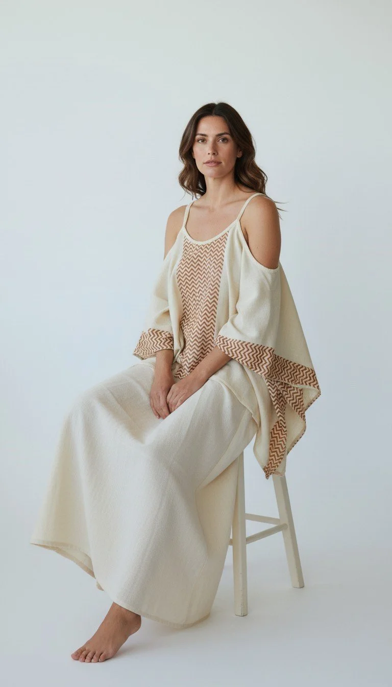 Skirt and boho top fields of flow sitting on stool.jpg