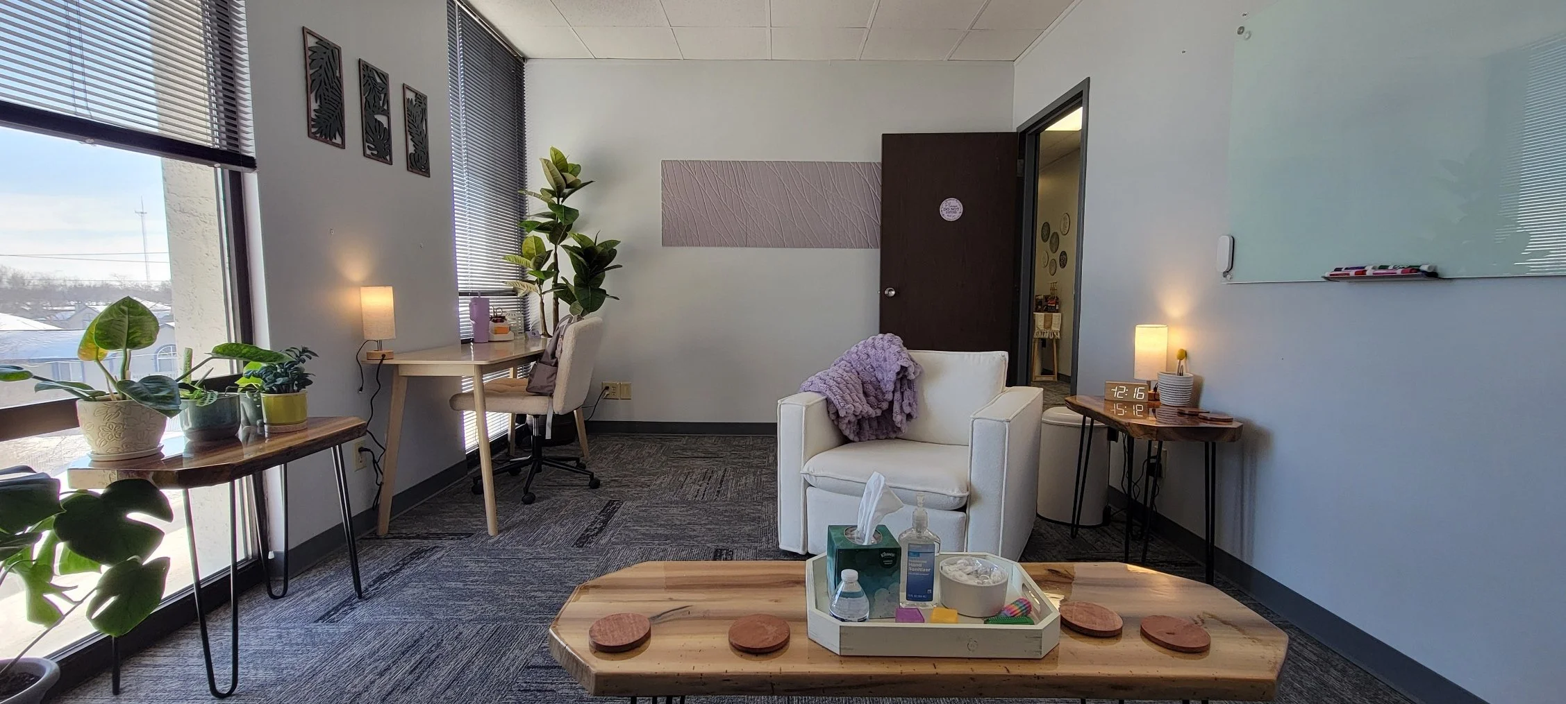 Office waiting area with a white armchair with a purple blanket, side tables with lamps, a whiteboard, plants on tables, and a window showing an outdoor view with snow.