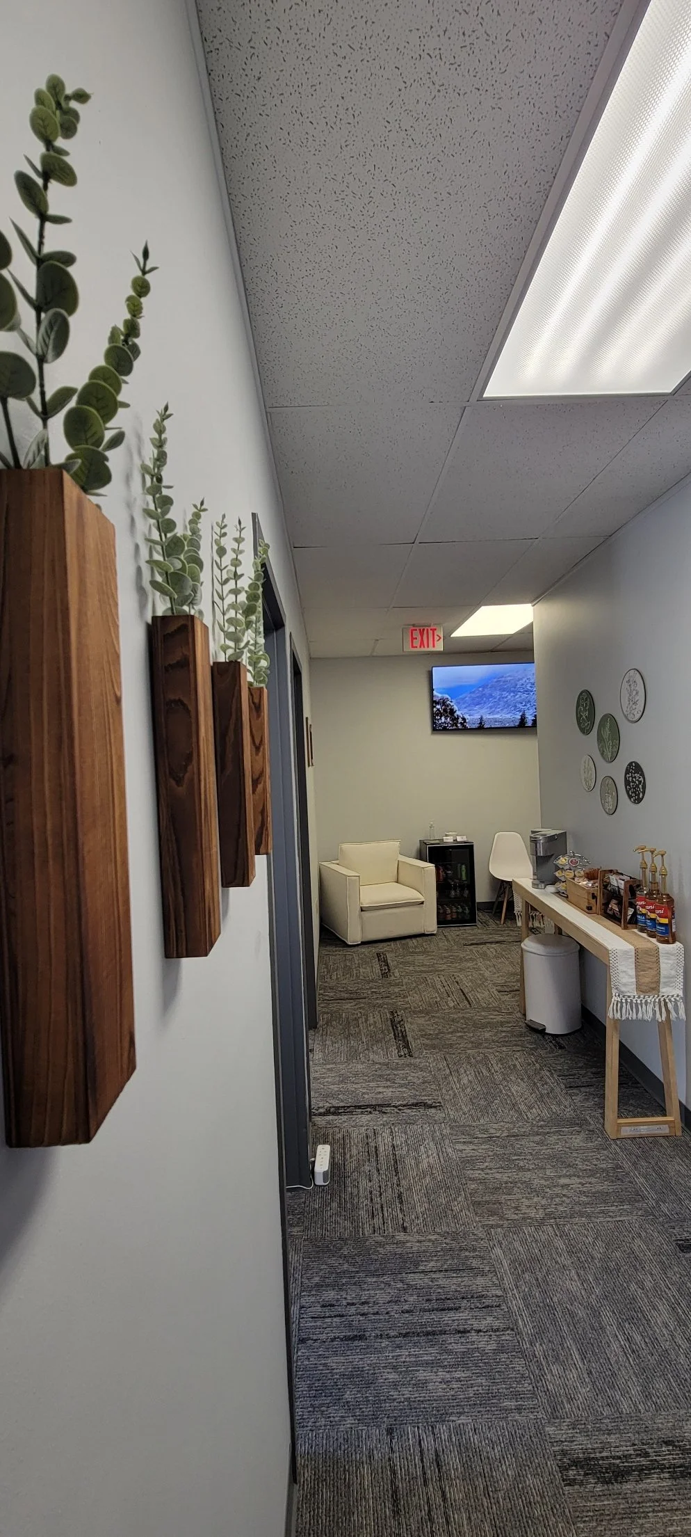 A hallway with four wooden planters holding green plants on the left wall, a beige armchair, a small black fridge, a white chair, a countertop with snacks and drinks, and a flat-screen TV on the back wall showing a landscape. The ceiling has recessed lighting and a textured ceiling tile. There is an exit sign above a doorway.