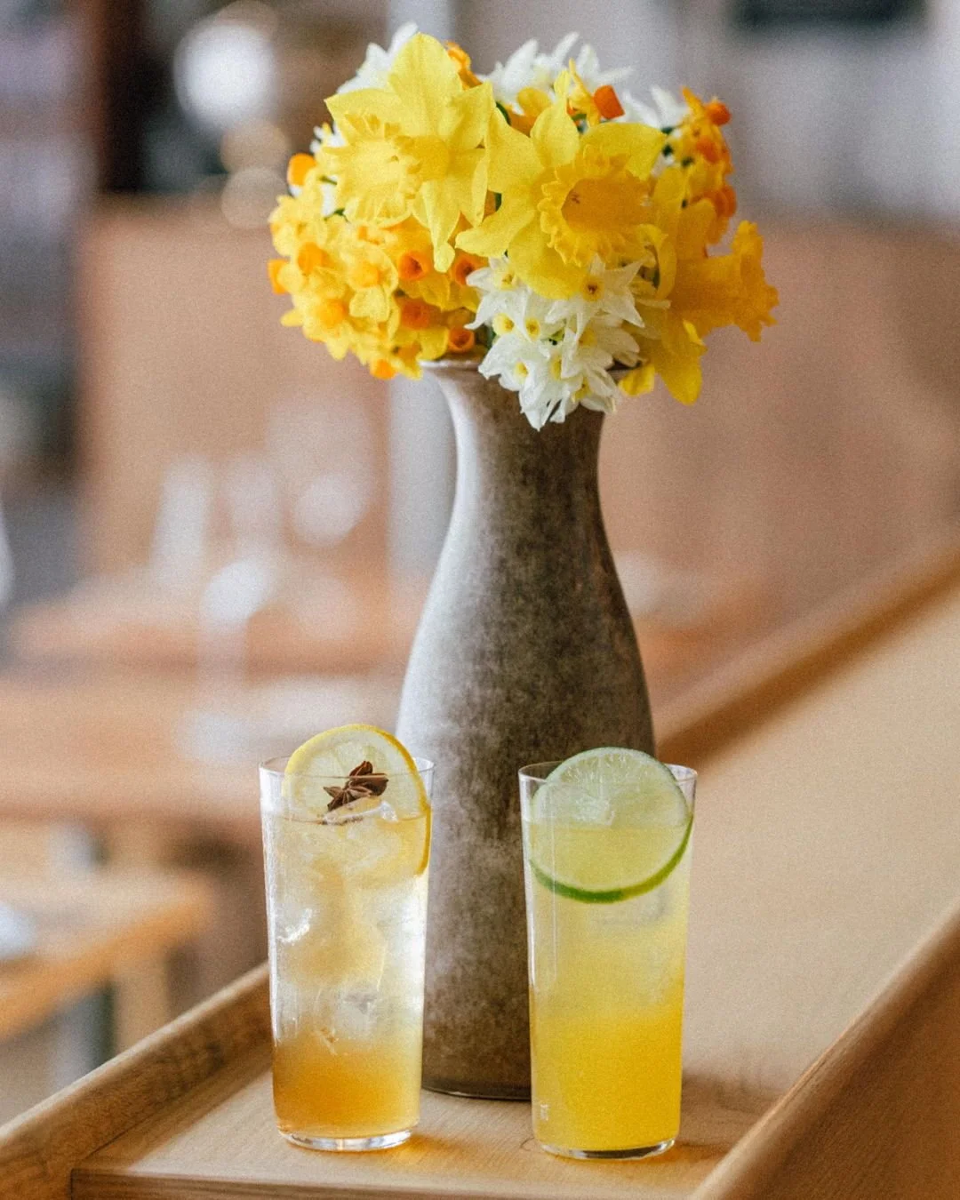 Chai Iced Tea — 7 Spice Chai Gin, Peach, Darjeeling, Lemon.
Mandarin Paloma — Tequila, Mandarin, Yuzu Vinegar, Fermented Tea.