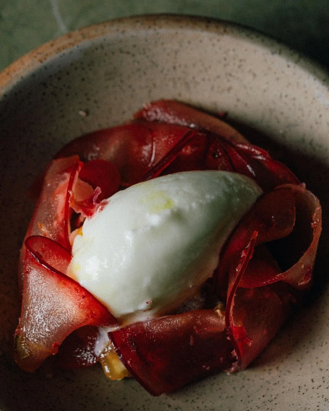 Barfi is a type of Indian fudge, but ours is less conventional: a milky, nutty base with caramel notes, buttermilk yoghurt sorbet, puréed Pink Lady apples, and paper-thin sheets of Kissabel apples for their beautiful cross-section (and they&rs