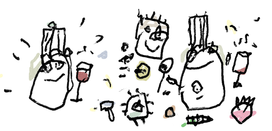 A hand-drawn illustration of various objects, including a bag, a wine glass, a clock, a smiling face, and miscellaneous items, all sketched with loose lines and minimal color.