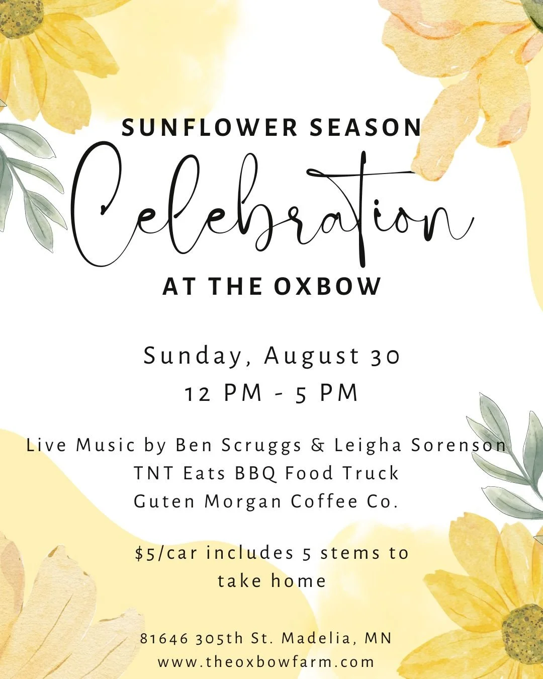 Sunflower Season Celebration - Live Music • TNT Eats BBQ • Guten Morgan Coffee • U-Pick Flowers • Kid Crafts
