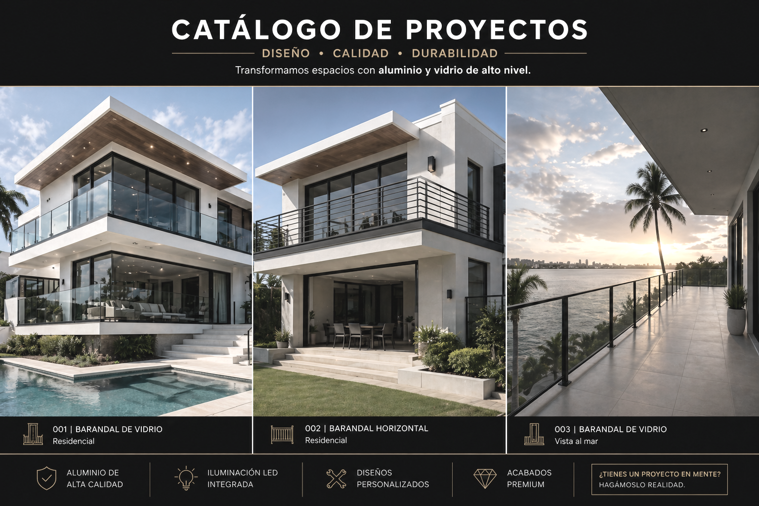 Catálogo de proyectos con imágenes de casas de lujo con balcones, terrazas y vista al mar, resaltando el uso de aluminio de alta calidad, vidrio de alto nivel, iluminación LED, y acabados premium.