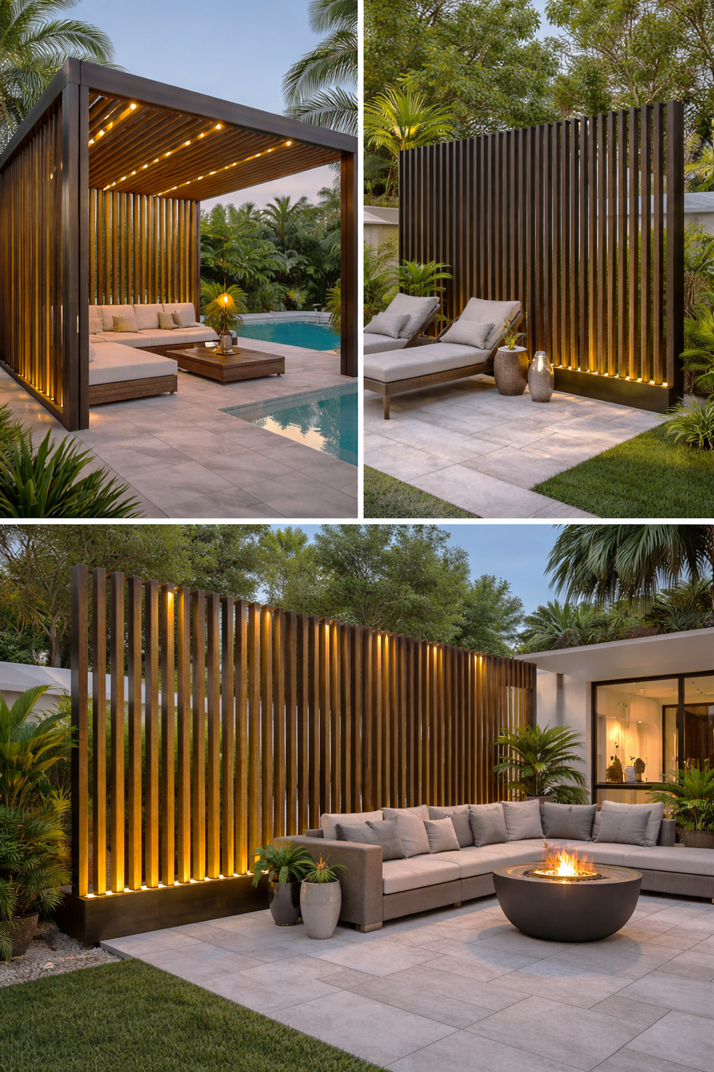 Zona de descanso y lounge en un patio exterior con paredes de listones de madera y iluminación ambiental. Incluye asientos de sofás y sillas con cojines, una piscina y plantas tropicales.