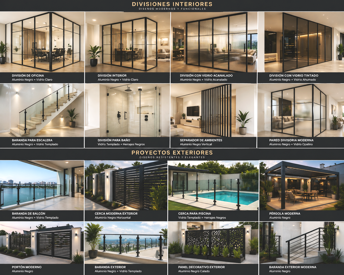Muestra diferentes diseños de divisiones internas y exteriores con acabados modernos y funcionales, incluyendo oficinas, habitaciones, duchas, escaleras, patios y áreas de piscina y descanso en aluminio negro y vidrio templado o acabado, con algunos 