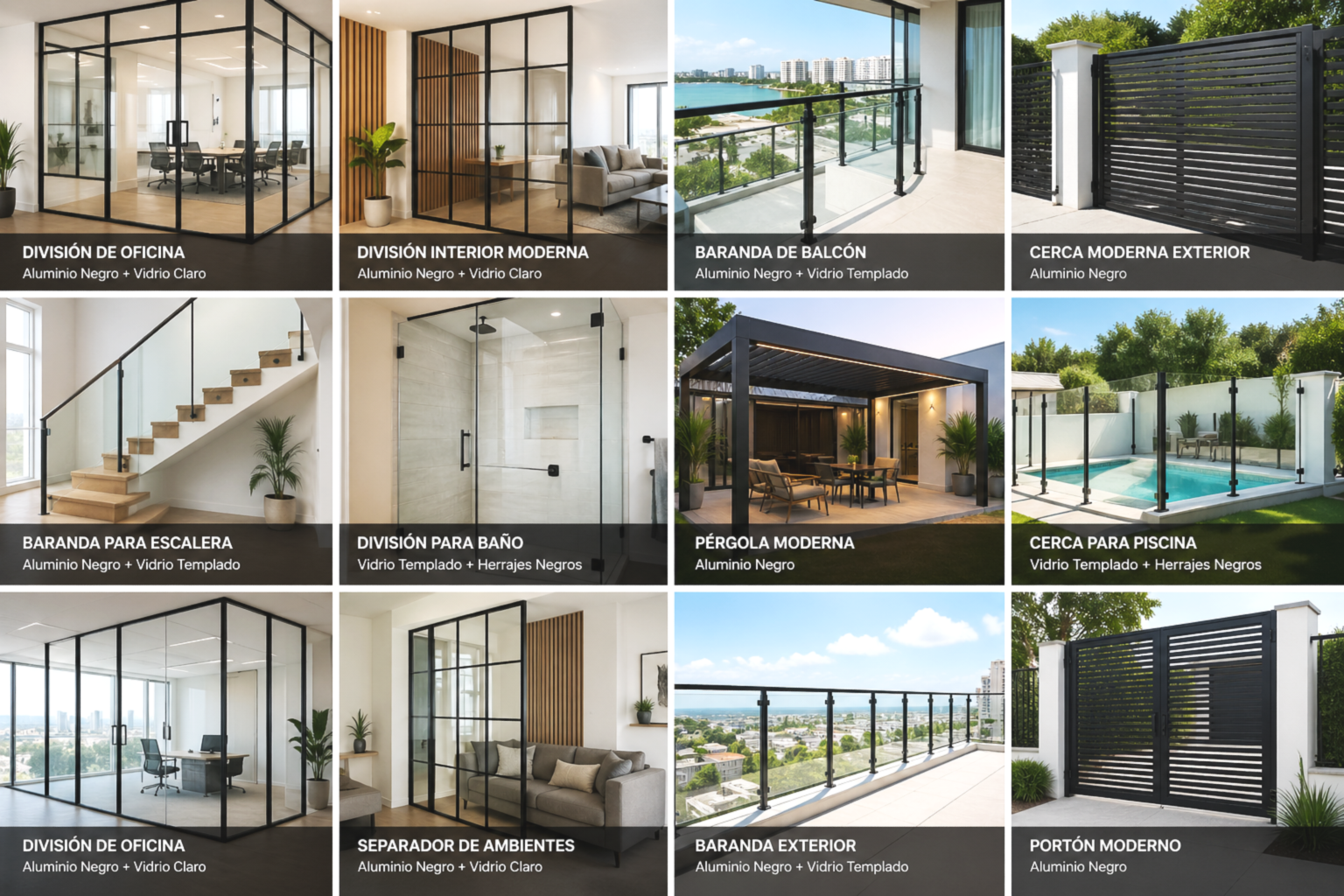 Muestra distintas divisiones y cercas de aluminio negro con vidrio claro o templado, incluyendo una oficina, interior moderna, balcón, cercas exteriores y para piscina, baranda para escalera, división para baño, pérgola moderna, separador de ambiente