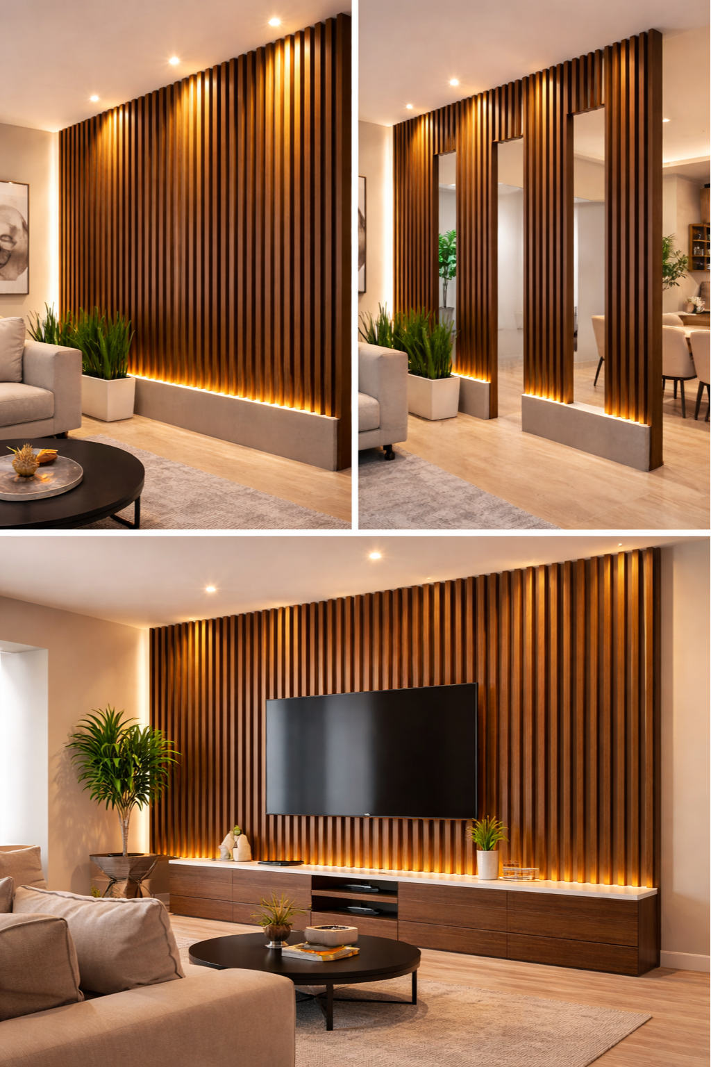 Diseño de pared decorativa de madera con iluminación en una sala de estar moderna, con plantas y mobiliario beige.