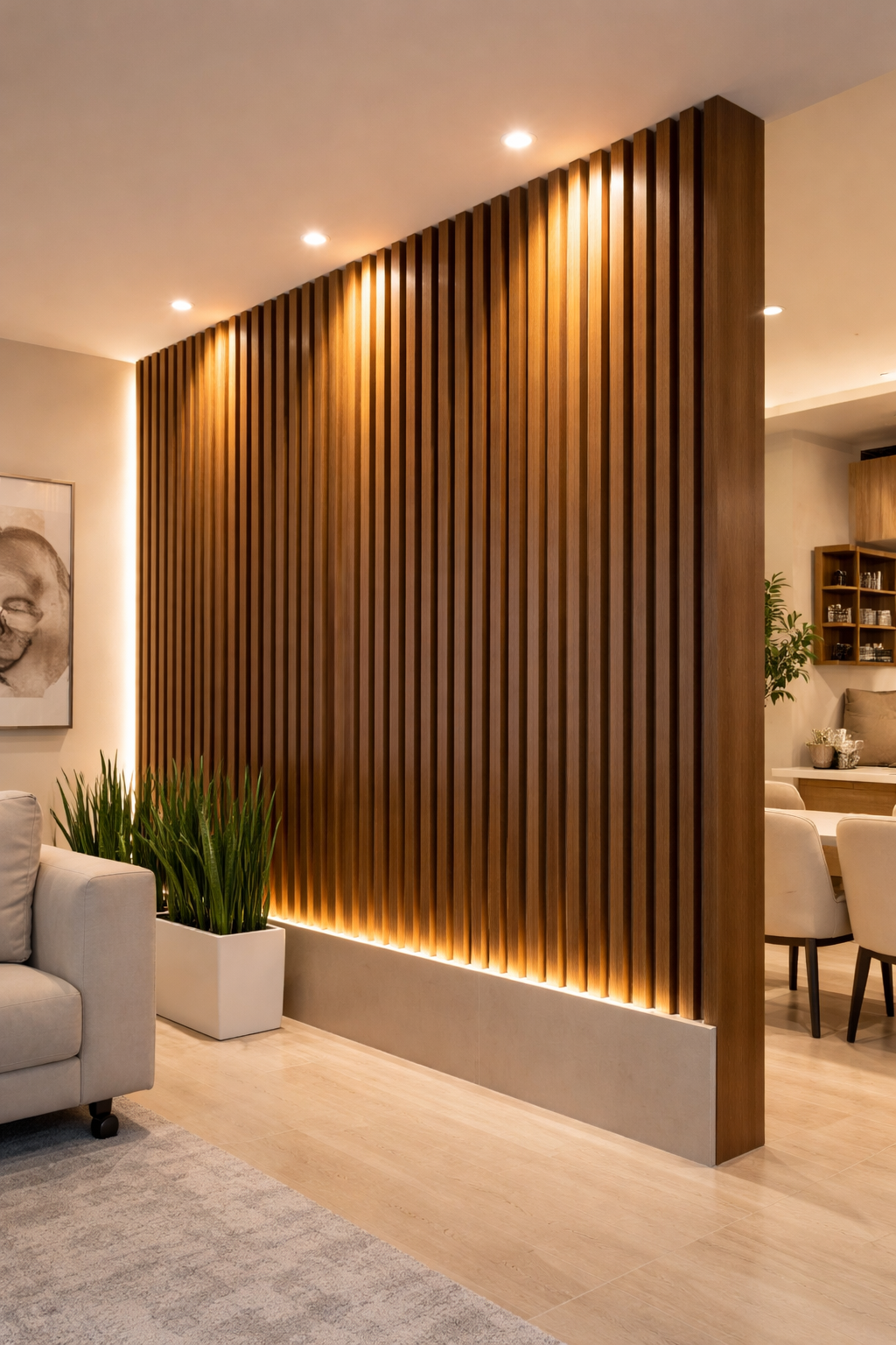 Pared decorativa de madera con iluminación integrada, en un espacio interior moderno y acogedor, con plantas y muebles de tono claro.