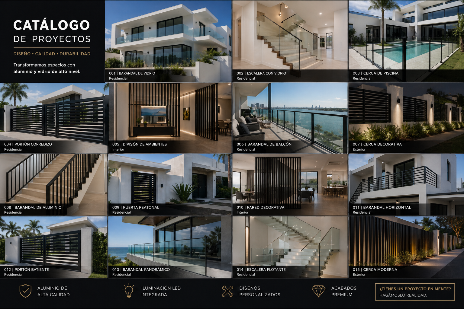 Portada de catálogo de proyectos residenciales que muestran diferentes diseños de fachadas, puertas, cercas y balcones con énfasis en estructuras de aluminio de alta calidad, acabado moderno, iluminación LED integrada y diseños personalizados, ideales para espacios de lujo y exclusividad.
