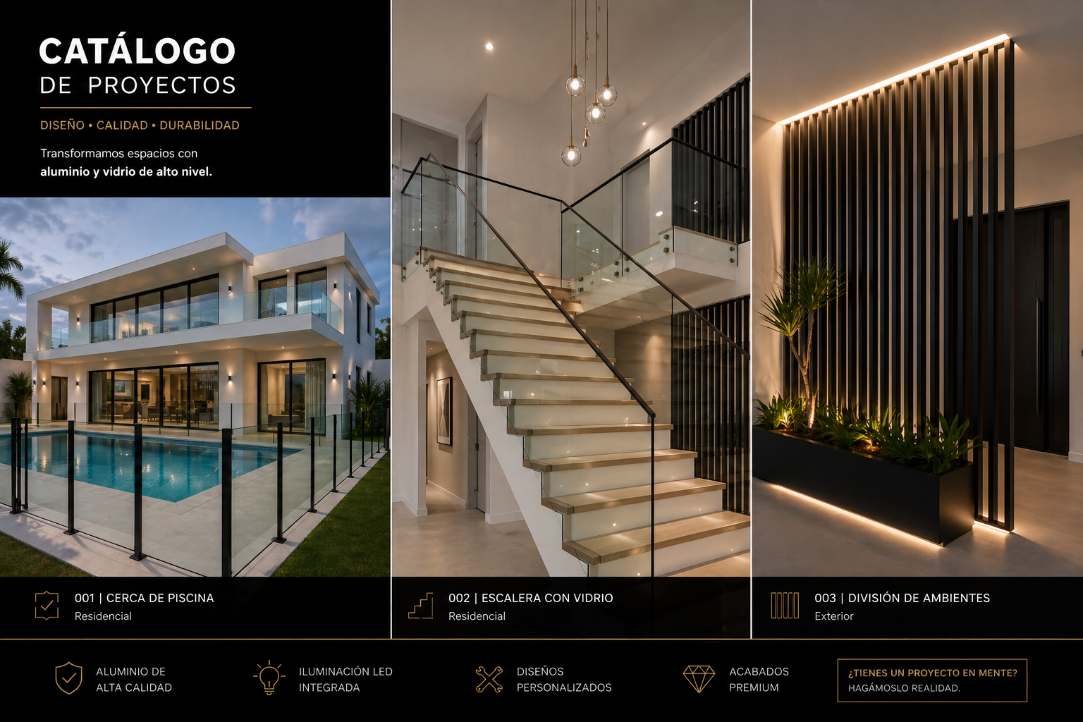 Catálogo de proyectos que muestra una casa moderna con piscina, escaleras con vidrio y división de ambientes con iluminación moderna y plantas decorativas.