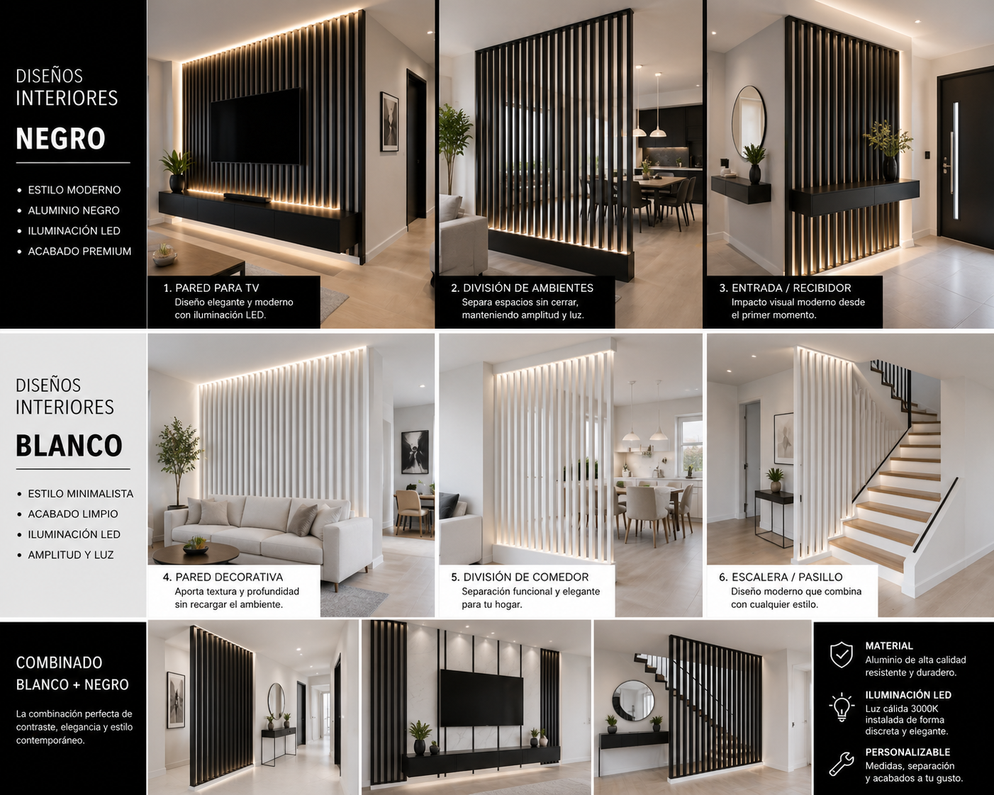 Diseño de interiores en estilos negro y blanco con paneles decorativos de aluminio y iluminación LED en varias áreas del hogar, incluyendo sala, comedor y escaleras.