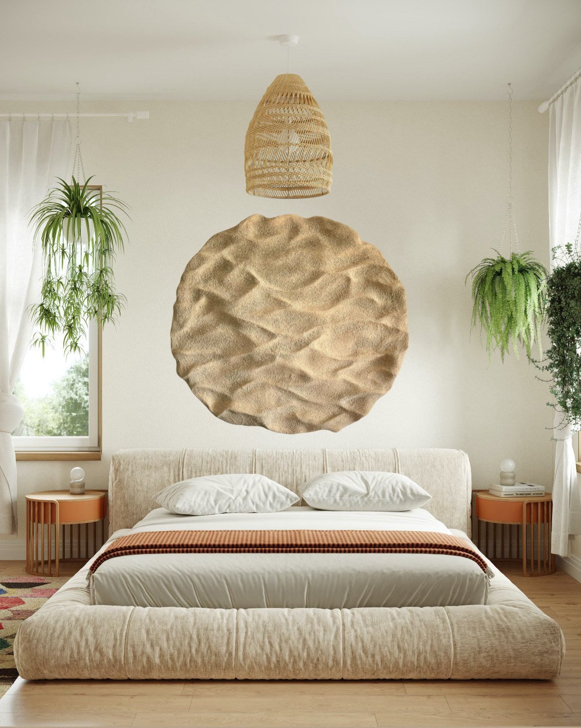 Shop PLAYA by Paloma Rocha, textured abstract wall sculpture inspired by the beach. mockup in a bedroom