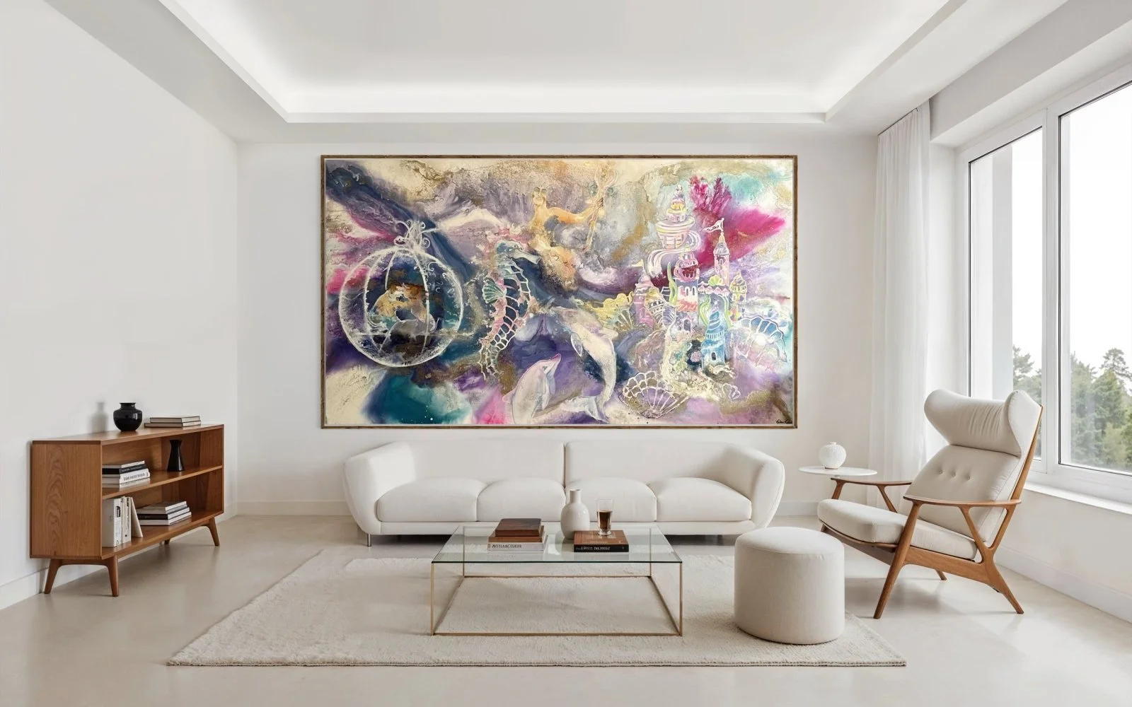surreal painting of a dreamlike ocean kingdom with a castle, marine beings and symbolic transformation, by Paloma Rocha