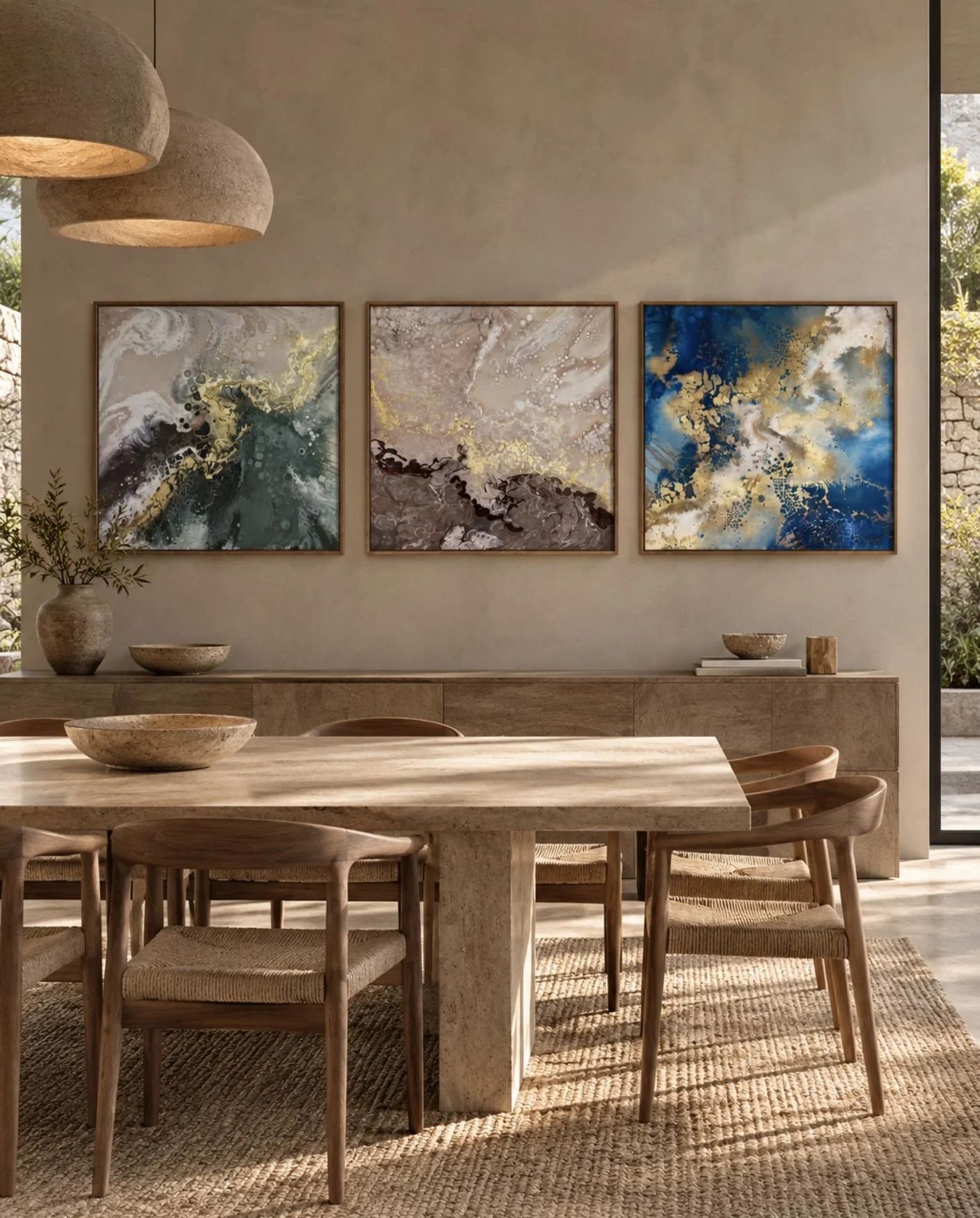 Flujo, abstract triptych in mixed media on canvas by Paloma Rocha