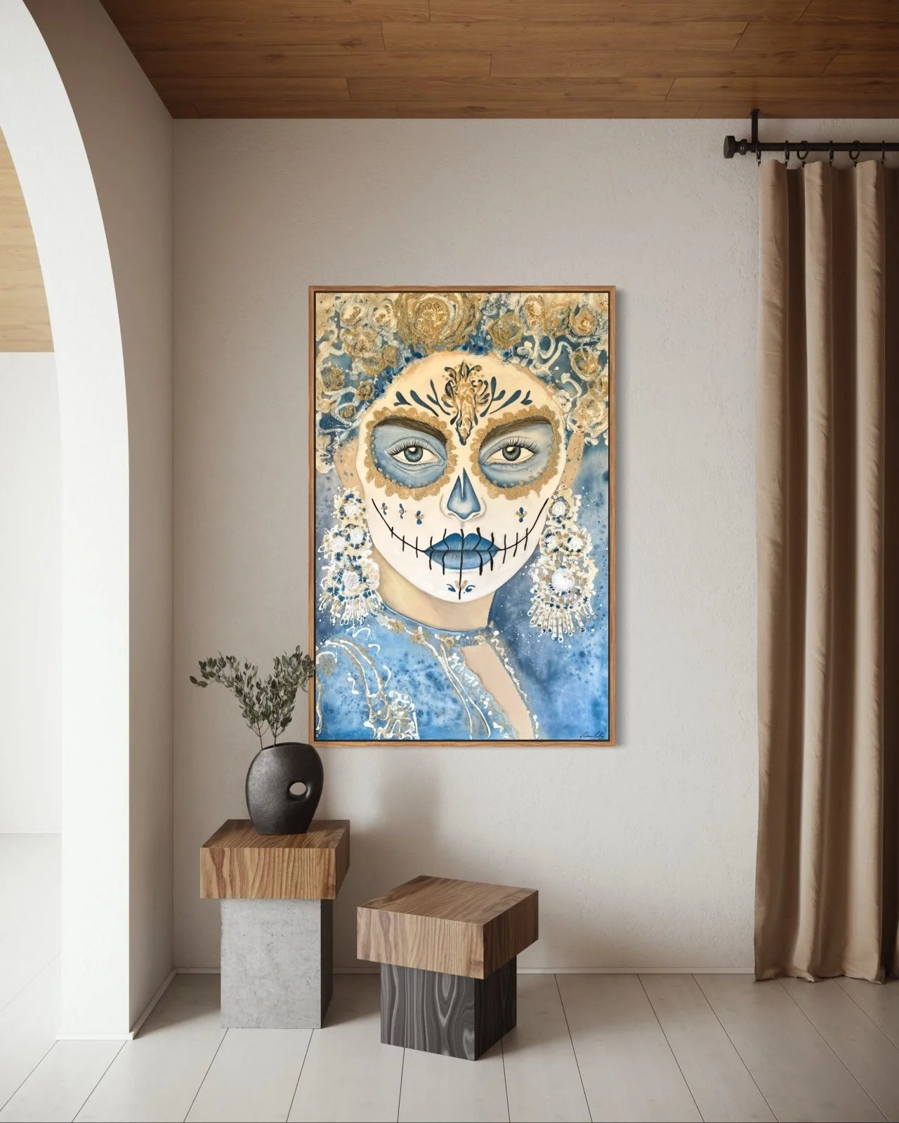 blue-toned catrina figure with sand textures around the eyes, symbolic contemporary artwork by Paloma Rocha