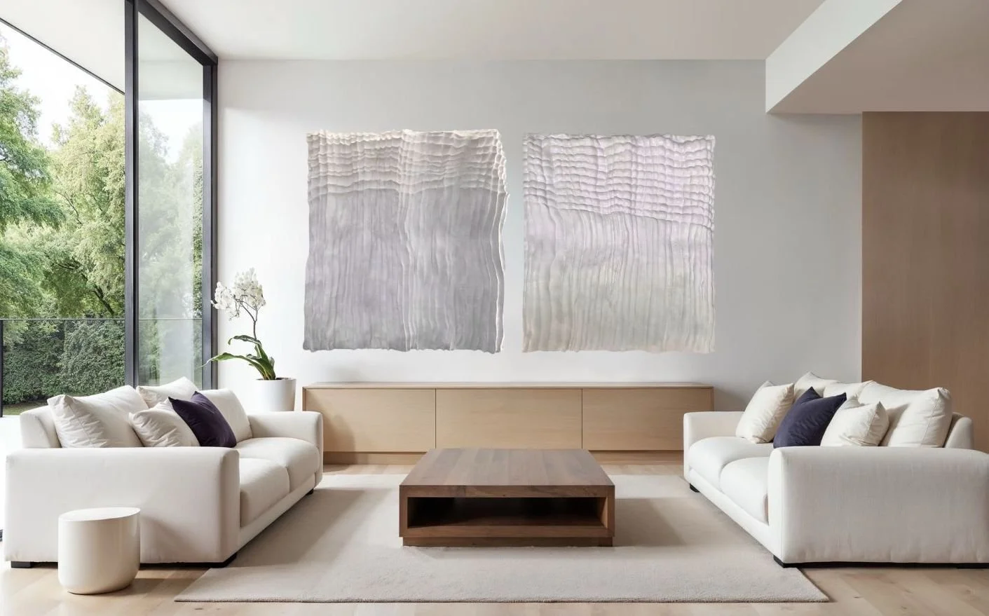 Shop CACTUS de Paloma Rocha, original abstract wall sculpture diptych-mockup in a large living room