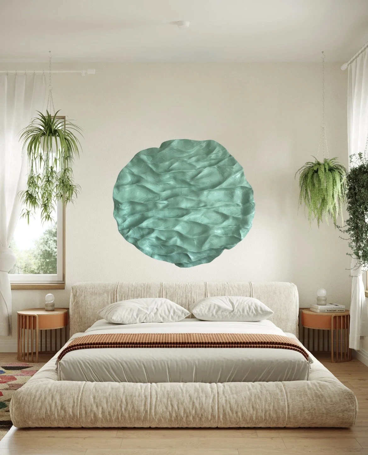 Shop MAR by Paloma Rocha, original abstract wall sculpture with ocean textures mockup in a bedroom