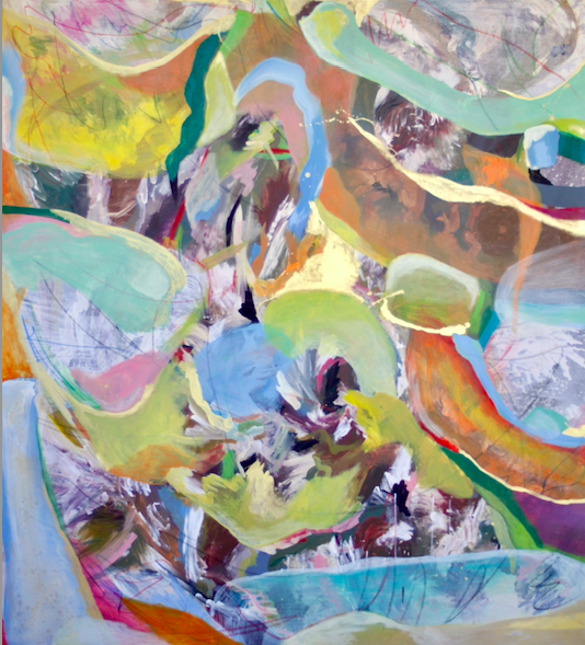 diptych abstract composition combining symbolic figures lunar-inspired forms, expressive mixed media artwork Paloma Rocha