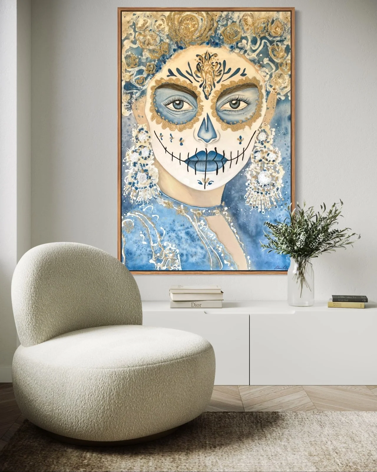 blue-toned catrina figure with sand textures around the eyes, symbolic contemporary artwork by Paloma Rocha