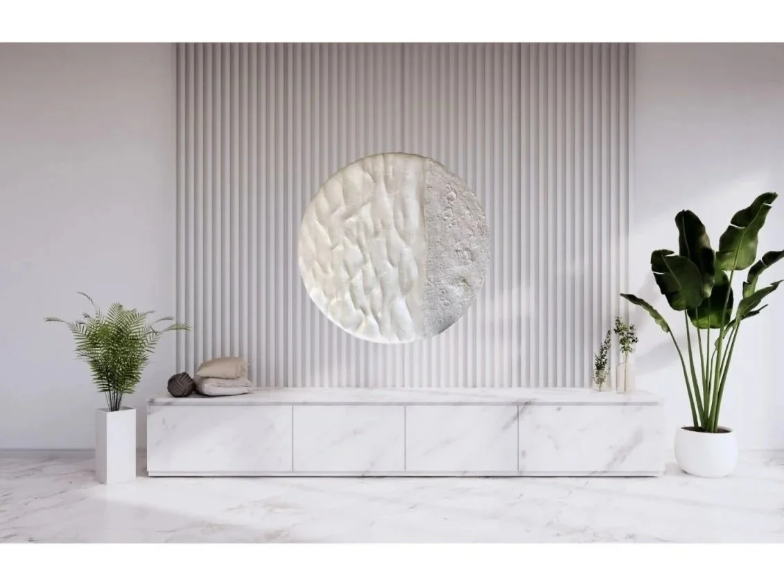 Shop TIDE by Paloma Rocha, abstract wall sculpture with organic wave patterns mockup in a stylish minimalist large room