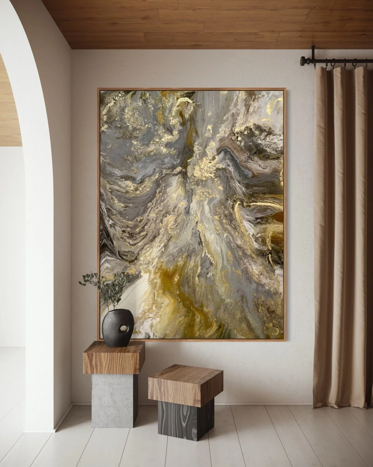 warm-toned abstract painting with organic depth evoking resin memory and suspended time Paloma Rocha
