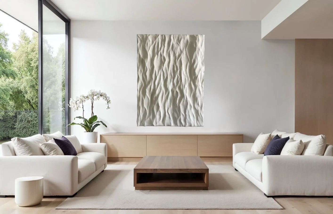 minimalist interior with large-scale abstract wall sculpture, neutral textured artwork creating calm atmosphere