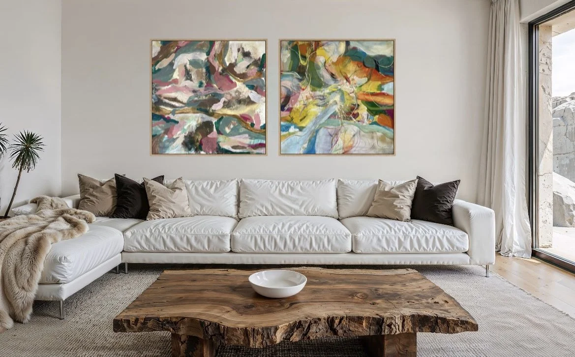 Origen and Matrix - Original art pieces by Paloma Rocha mockup in a living room
