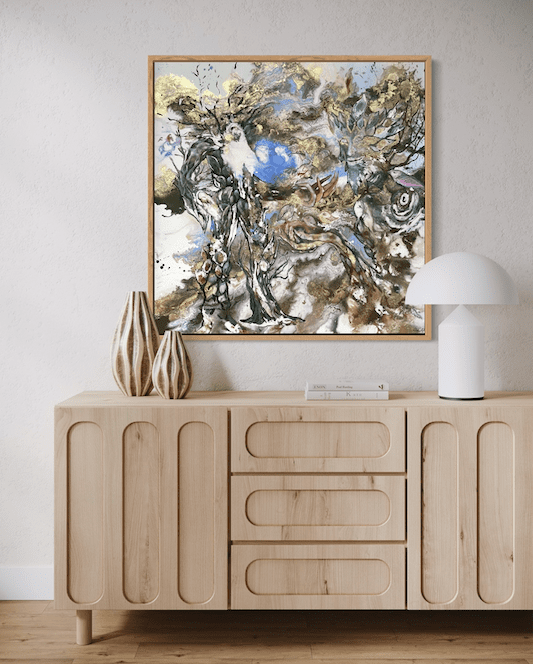 surreal painting of tree-like human figures with birds and symbolic family elements, by Paloma Rocha