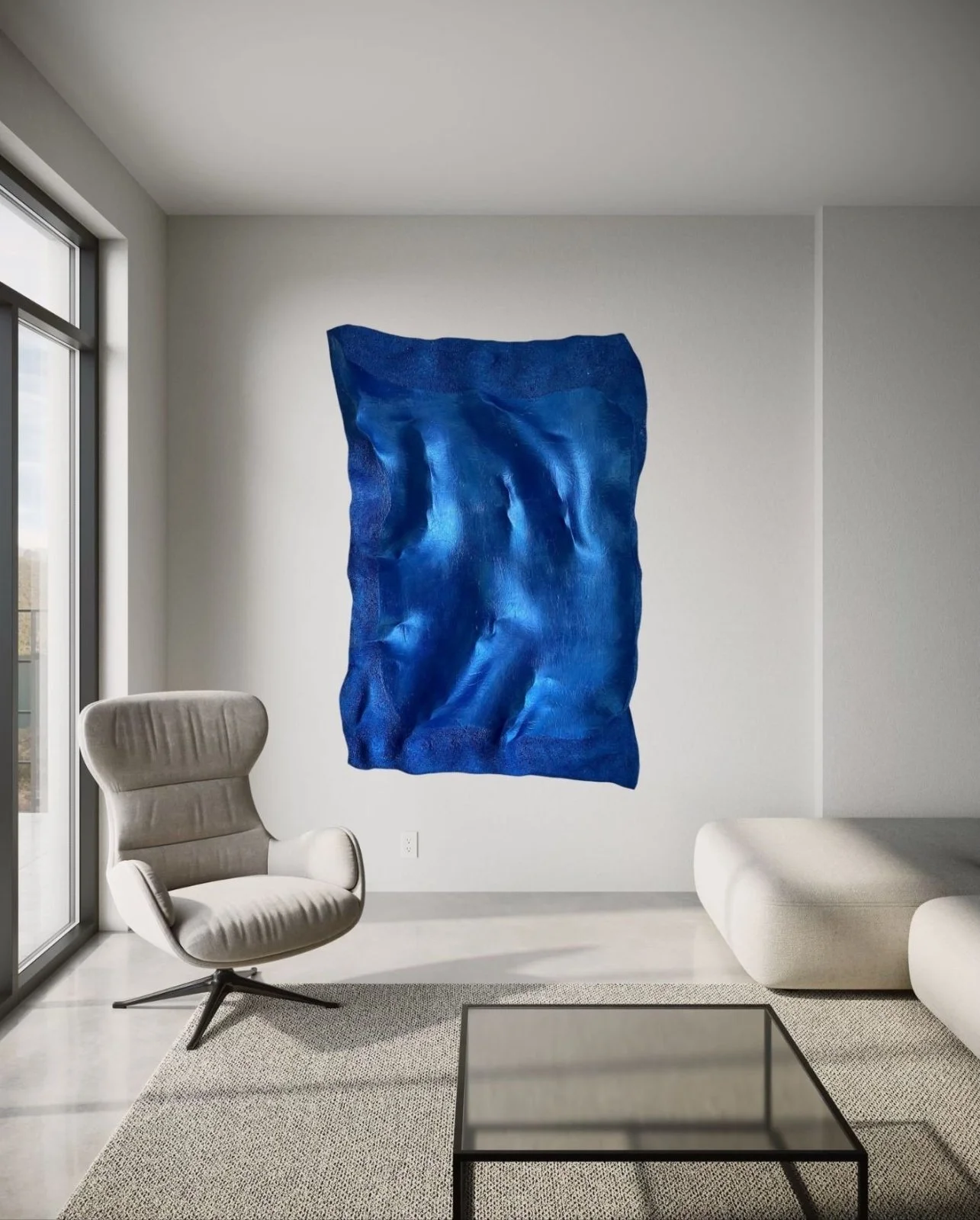 Shop SWELL de Paloma Rocha, gran escultura de pared con fuertes texturas. mockup in a living room