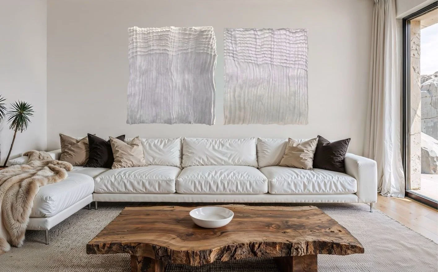 Shop CACTUS de Paloma Rocha, original abstract wall sculpture diptych-mockup in a large living room