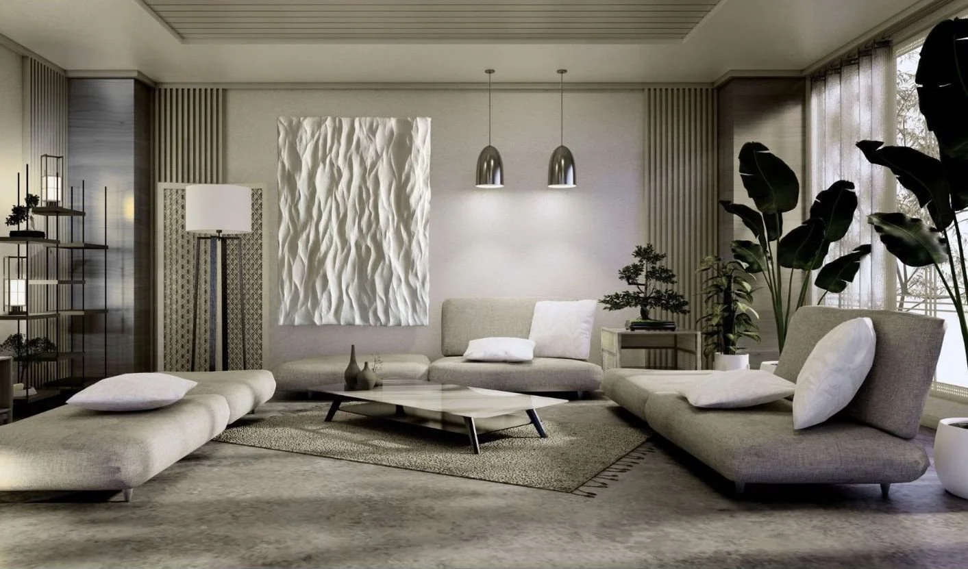 large abstract wall sculpture in modern living room, statement artwork for contemporary interior design
