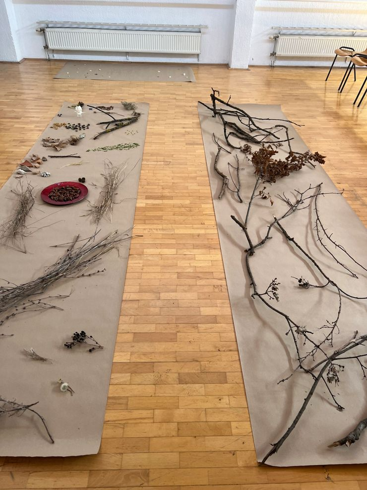 Two long paper-covered tables on a wooden floor with various sticks, branches, leaves, and natural materials arranged on them, possibly for an art or nature display.