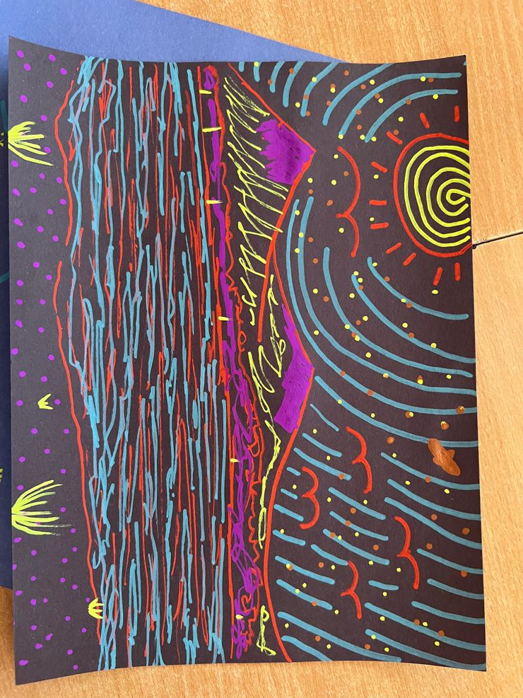 Colorful neon abstract drawing of a landscape with wavy lines, dots, and shapes representing water, mountains, and a sun or spiral in a night sky on black paper.