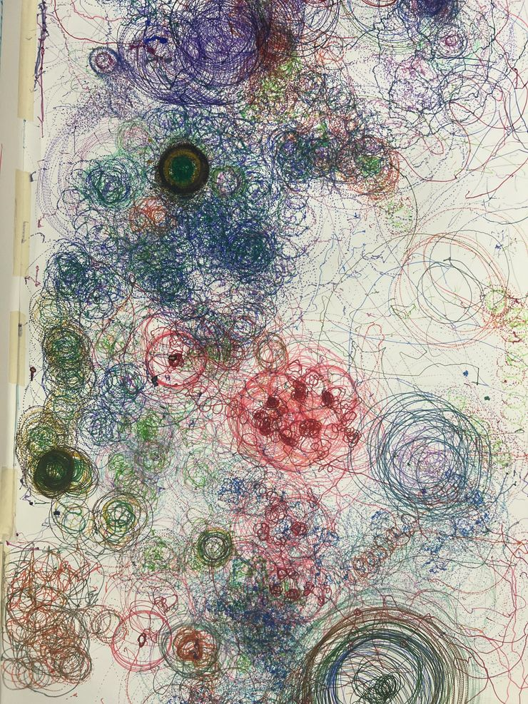 A chaotic drawing of numerous multicolored concentric circles jumbled together across a blank background.