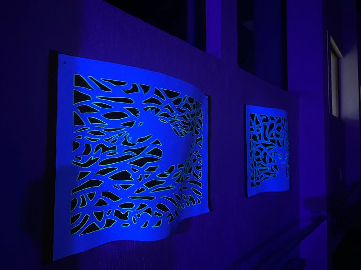 Two illuminated wall art pieces with abstract patterns, glowing blue against a dark wall.