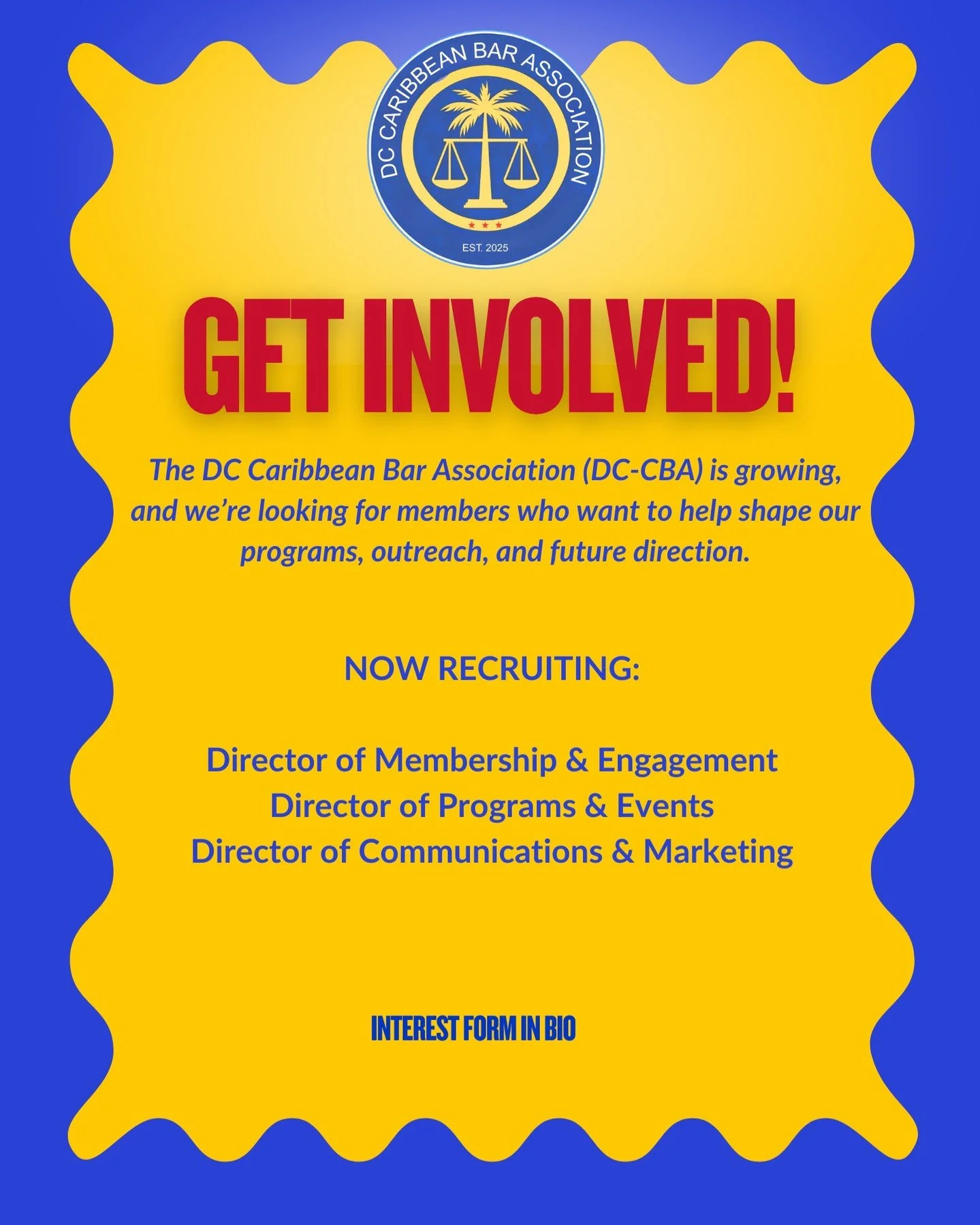 NOW RECRUITING: DC Caribbean Bar Association Leadership Roles: The DC-CBA Association is seeking passionate members to join our leadership team:
⚖️ Director of Membership &amp; Engagement
⚖️ Director of Programs &amp; Events
⚖️ Director of Communicat