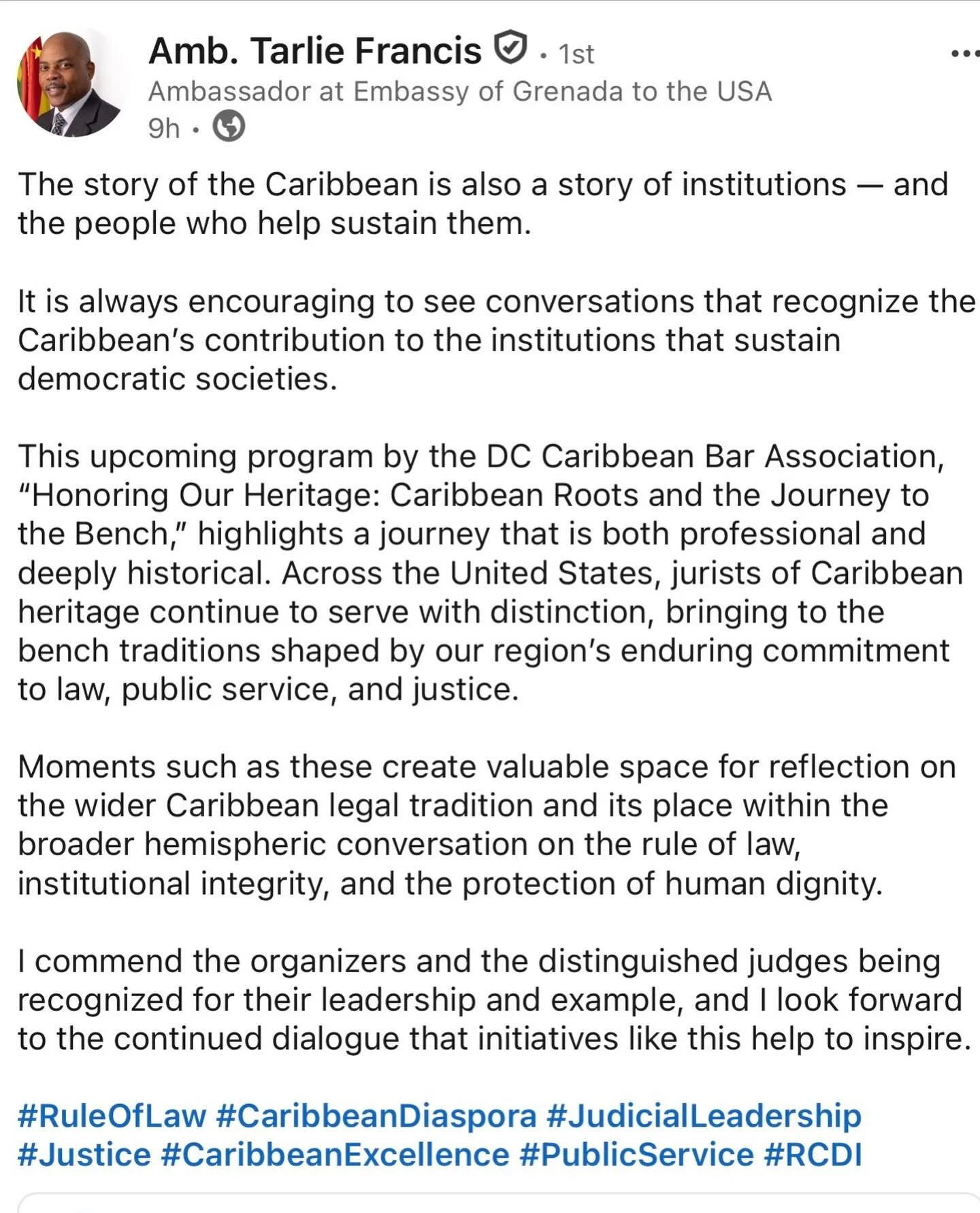 We couldn't have said it better ourselves! Thanks to His Excellency Amb. Tarlie Francis, Ambassador of Grenada to the USA and Permanent Representative to the OAS for his support of our efforts!