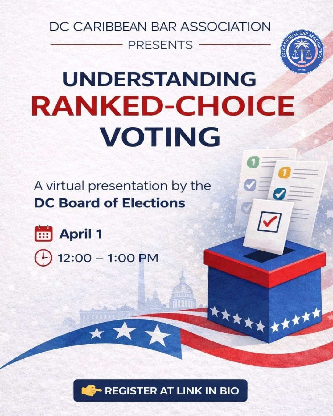 Not sure how Ranked Choice Voting works? Join us April 1st at noon for a quick virtual breakdown ahead of DC elections. Register at link in bio to receive the link for the training.